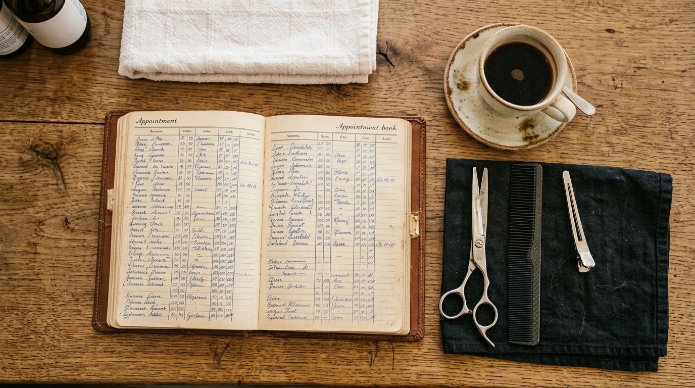 Werkstation van een kapper met schaar, kam en open afsprakenboek