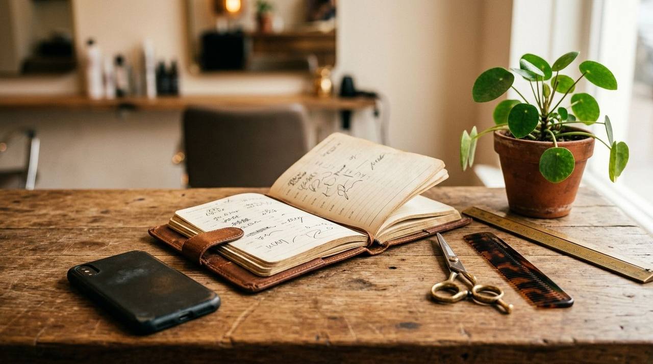 Kapperswerkstation met smartphone die een WhatsApp afspraakherinnering toont, naast schaar, kam en notitieboek met klantenagenda