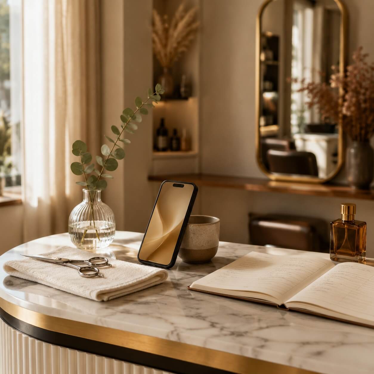 Salon-receptie close-up: een paar zilveren kappersscharen op een witte handdoek, een kleine glazen vaas met een eucalyptus-takje, een matzwarte smartphone schuin tegen een bekertje koffie aan, een open papieren agenda met handgeschreven afsprakenlijst in pen (geen leesbare tekst), warm middaglicht door een groot raam met linnen gordijnen, geen mensen in beeld, schone modern-luxe salon-sfeer