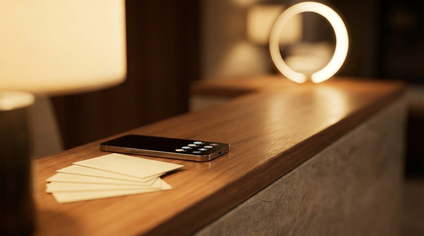 Salon receptie met smartphone notificaties en afspraakkaarten