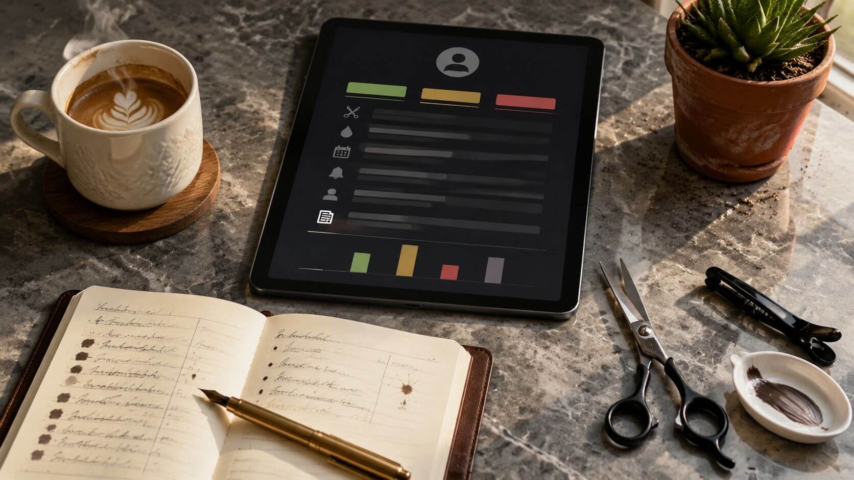 Stylist bekijkt op tablet de digitale klantkaart van een vaste klant: vorige kleurformule, allergie-flag, voorkeuren, naast haar werkblad met scharen en een mok koffie