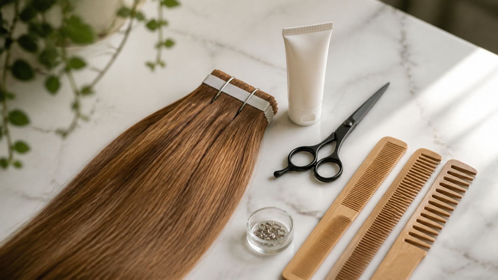 Werkbank met tape-extensions, een tube tape-removal vloeistof, een schaar en een kammen-set op een marmeren counter in een Nederlandse kapsalon