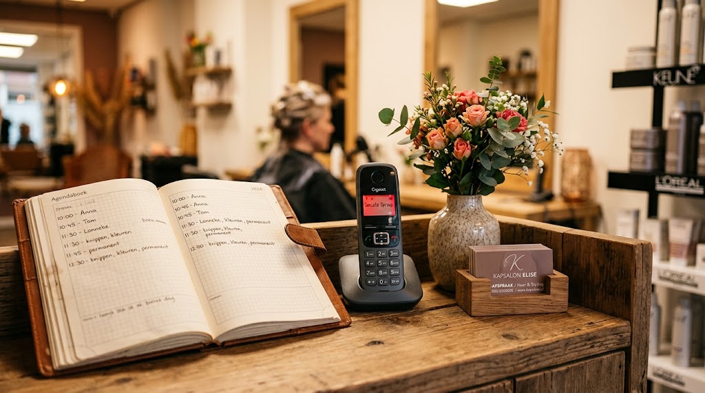 Salonbalie met telefoon en afsprakenboek