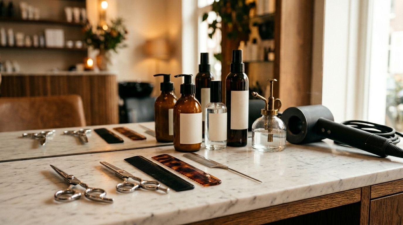 Smartphone foto van een Nederlandse kapsalon werkplek met productenwand en kappersinstrumenten