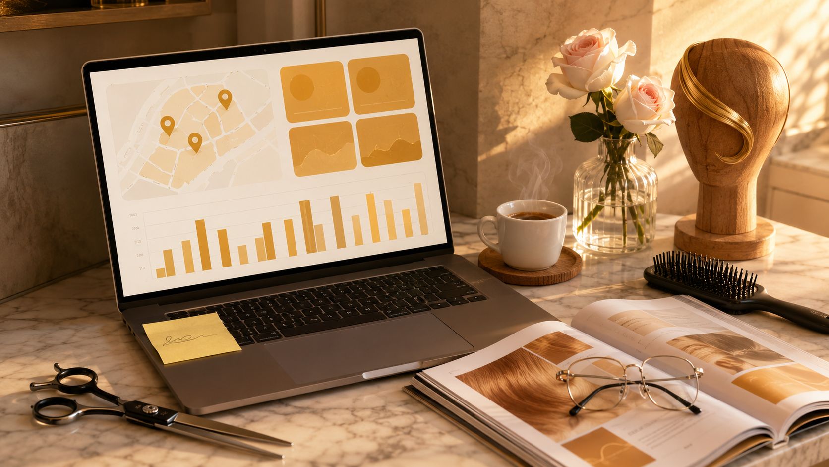 Werkbench-corner met laptop, schaar en notebook voor Google Bedrijfsprofiel optimalisatie kapper