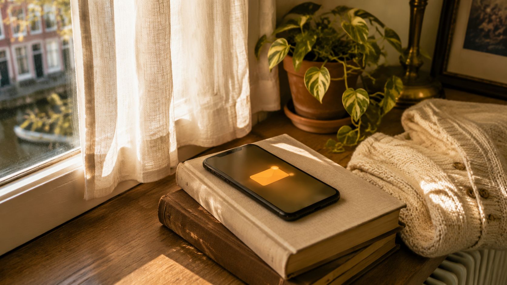 Smartphone op een stapel boeken in een zonnige vensterbank met een warme e-mailnotificatie, een gevouwen vest en een hangplant ernaast