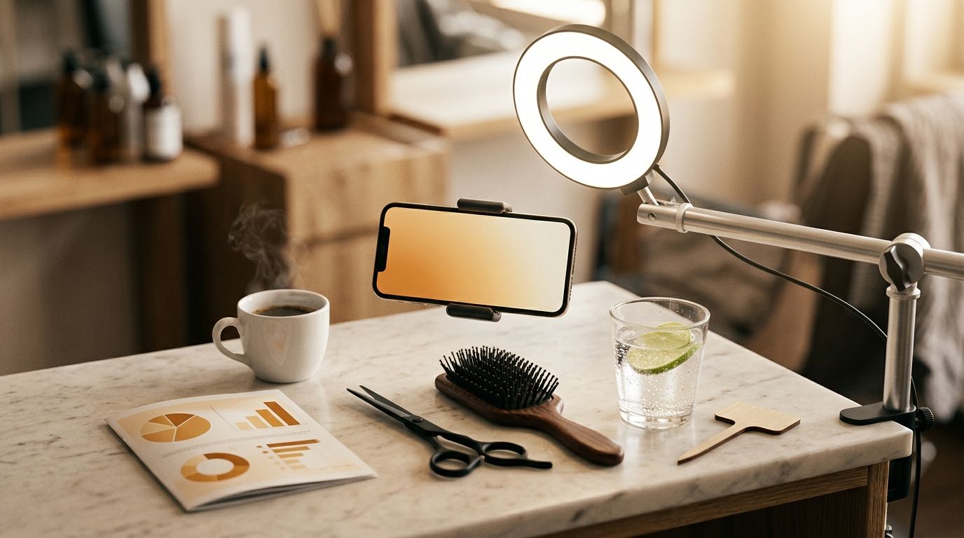 Kapper bij styling-werk met influencer in salon-stoel voor video-content