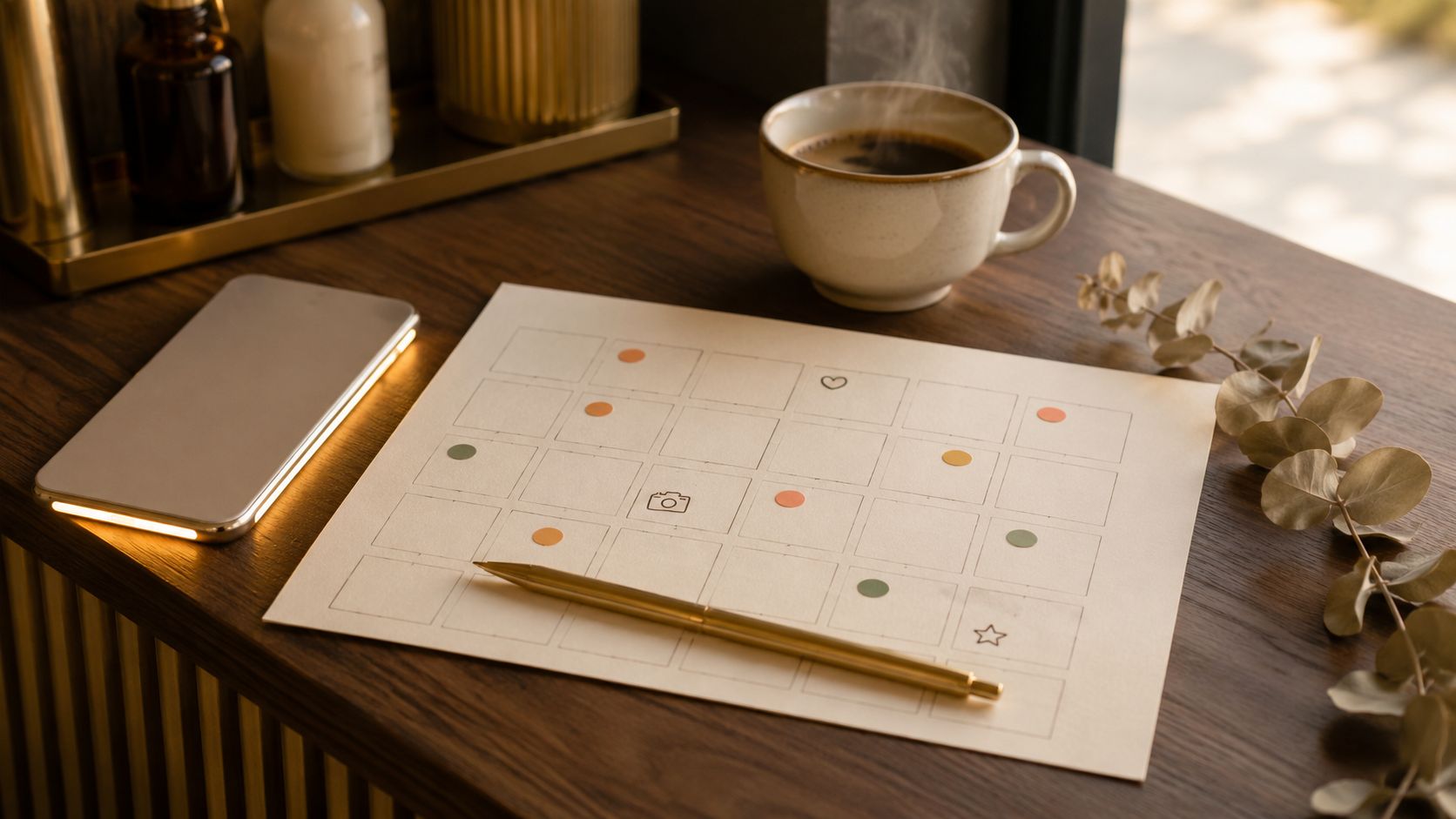 Geprinte 30-dagen contentkalender op een kapsalon-balie, naast een telefoon met een Instagram-grid en een kop koffie