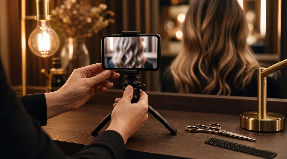 Kappershanden houden een smartphone op een statief vast die een voor-na kleurtransformatie filmt in een warme salon