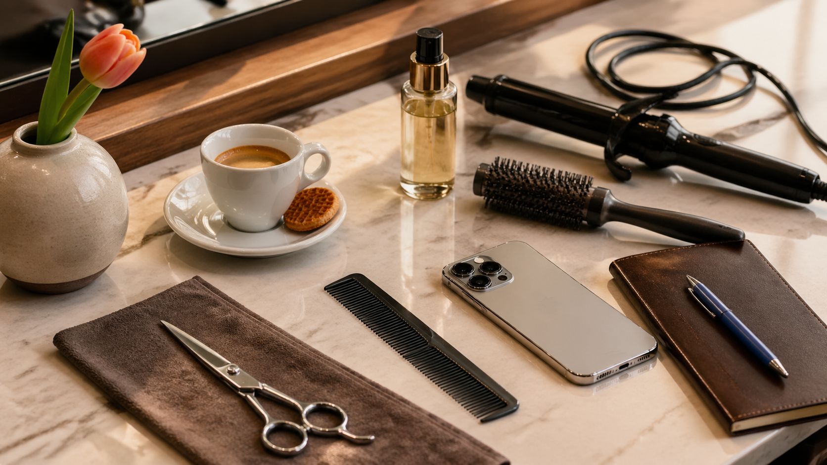 Kapper werkbank close-up: schaar, kam, föhn, smartphone, koffiebeker en notitieblok in zacht daglicht
