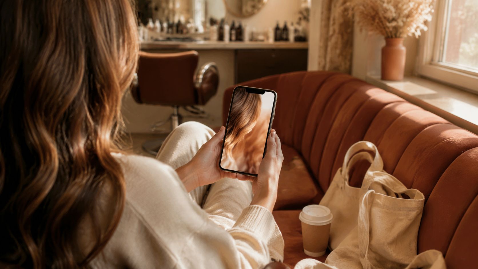 Telefoon op een statief filmt een kapper die een transformatie afwerkt in de salon, warme belichting