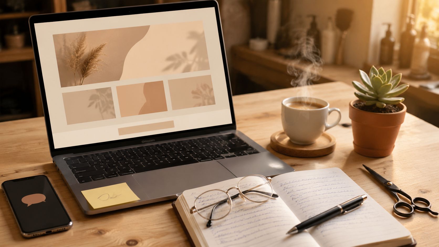 Werkbench-corner met laptop, schaar en notebook voor kapsalon website vergelijking