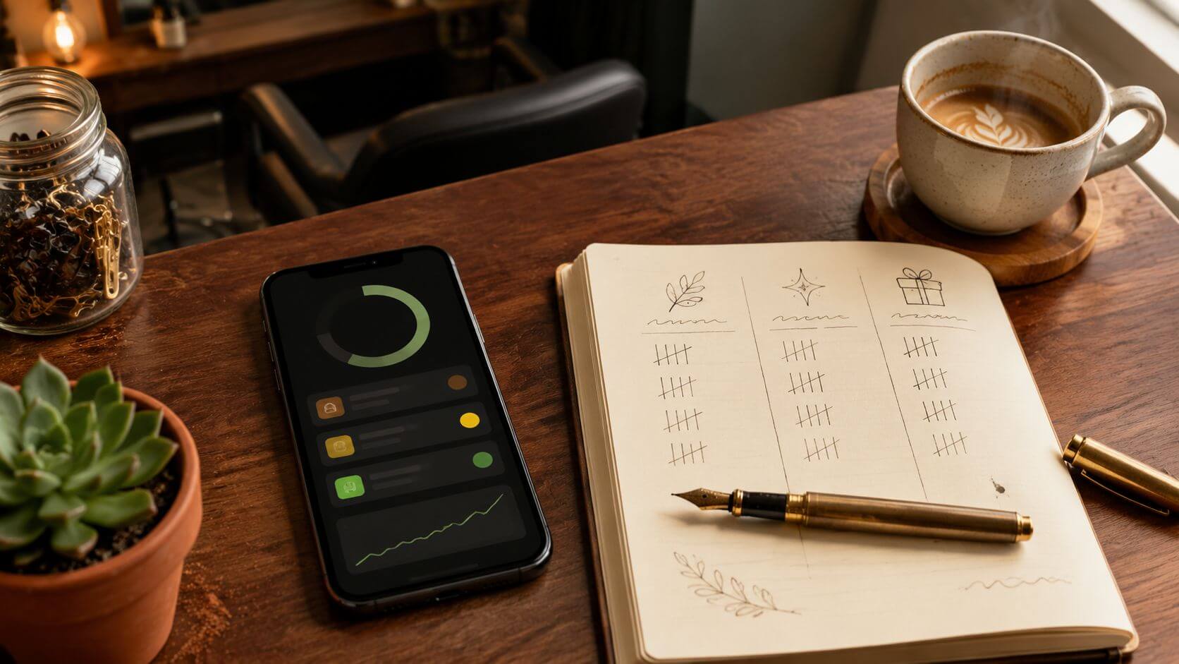 Klantkaart-overzicht in een kapsalon-app: tegels met punten-saldo, recente bezoeken en opwaartse trend, op een tablet naast een notitieboek en koffie