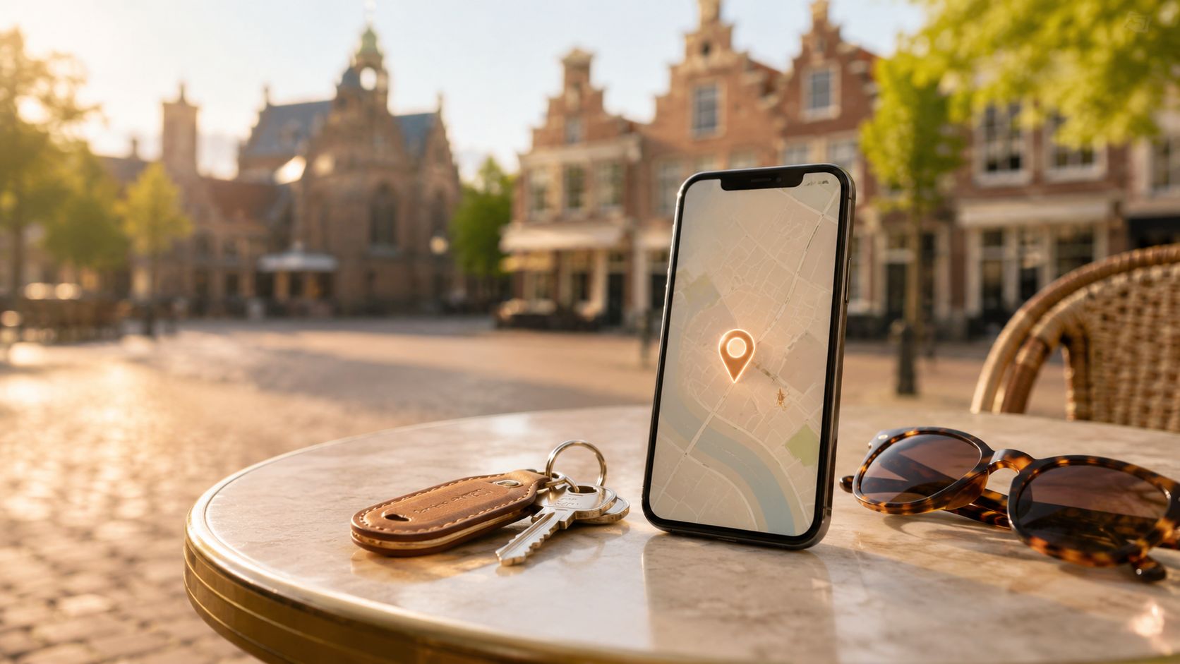 Smartphone op een terrastafel op een Nederlands stadsplein met een kaart en een locatiepin, sleutels en zonnebril ernaast