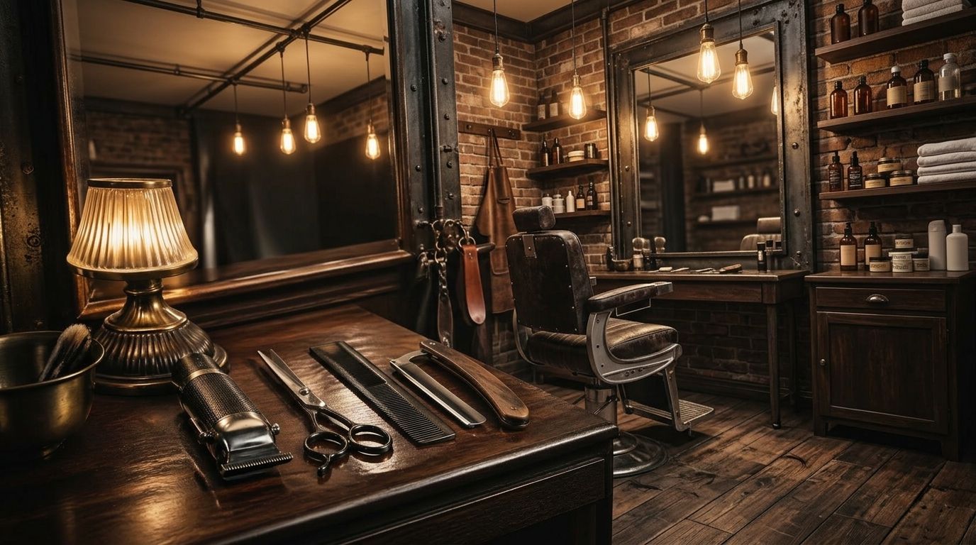 Barber tools, scheermessen en kammen op een houten kapperskast in een Nederlandse barbershop