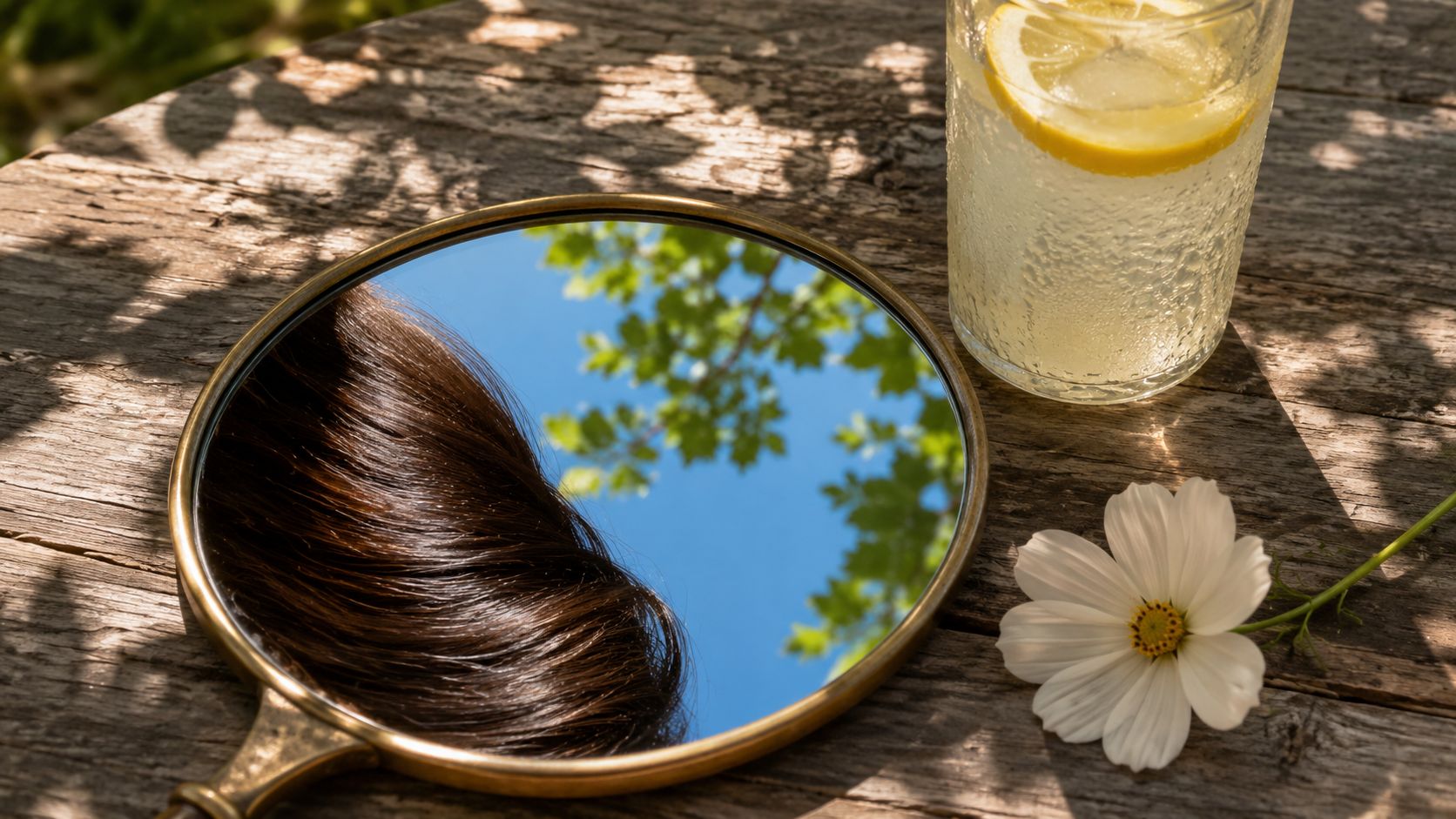 Messing handspiegel op een houten tuintafel die vers gestyled haar weerspiegelt, met een glas limonade en een witte bloem ernaast