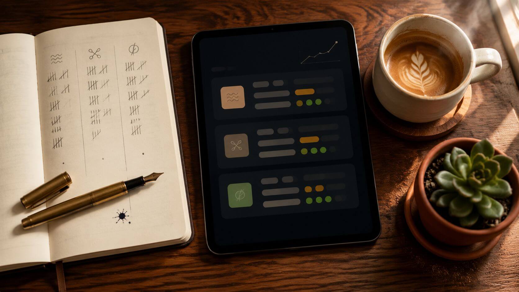 Salon-eigenaar bekijkt agenda en omzetcijfers van twee vestigingen op een tablet, schemes en notitieboekje op het bureau