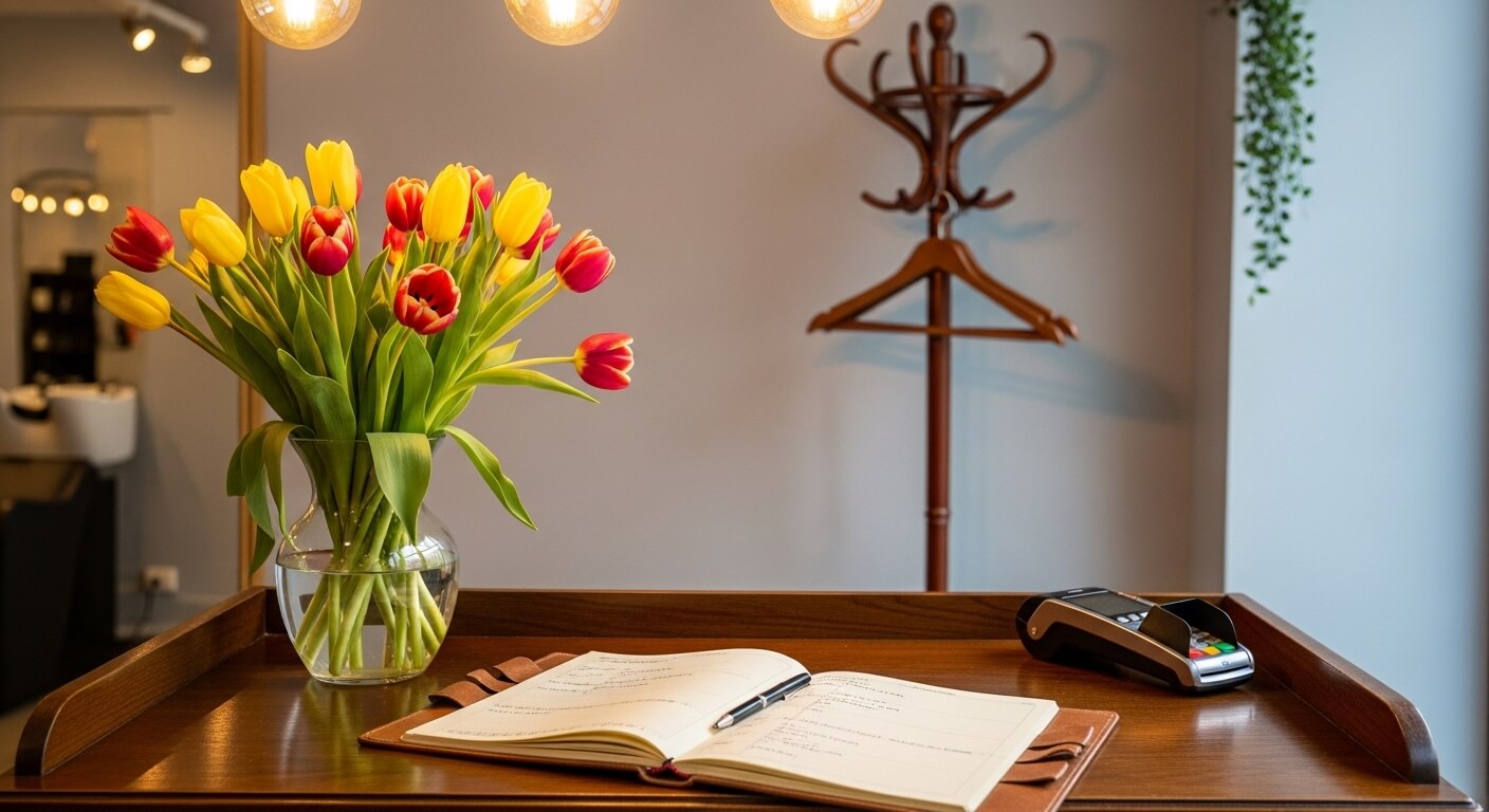 Klein Nederlands kapsalon interieur met styling stoelen en warme verlichting