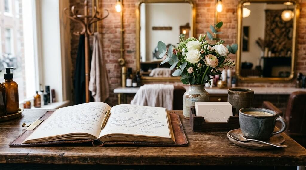 Reviews op telefoon naast koffie op een salonbalie