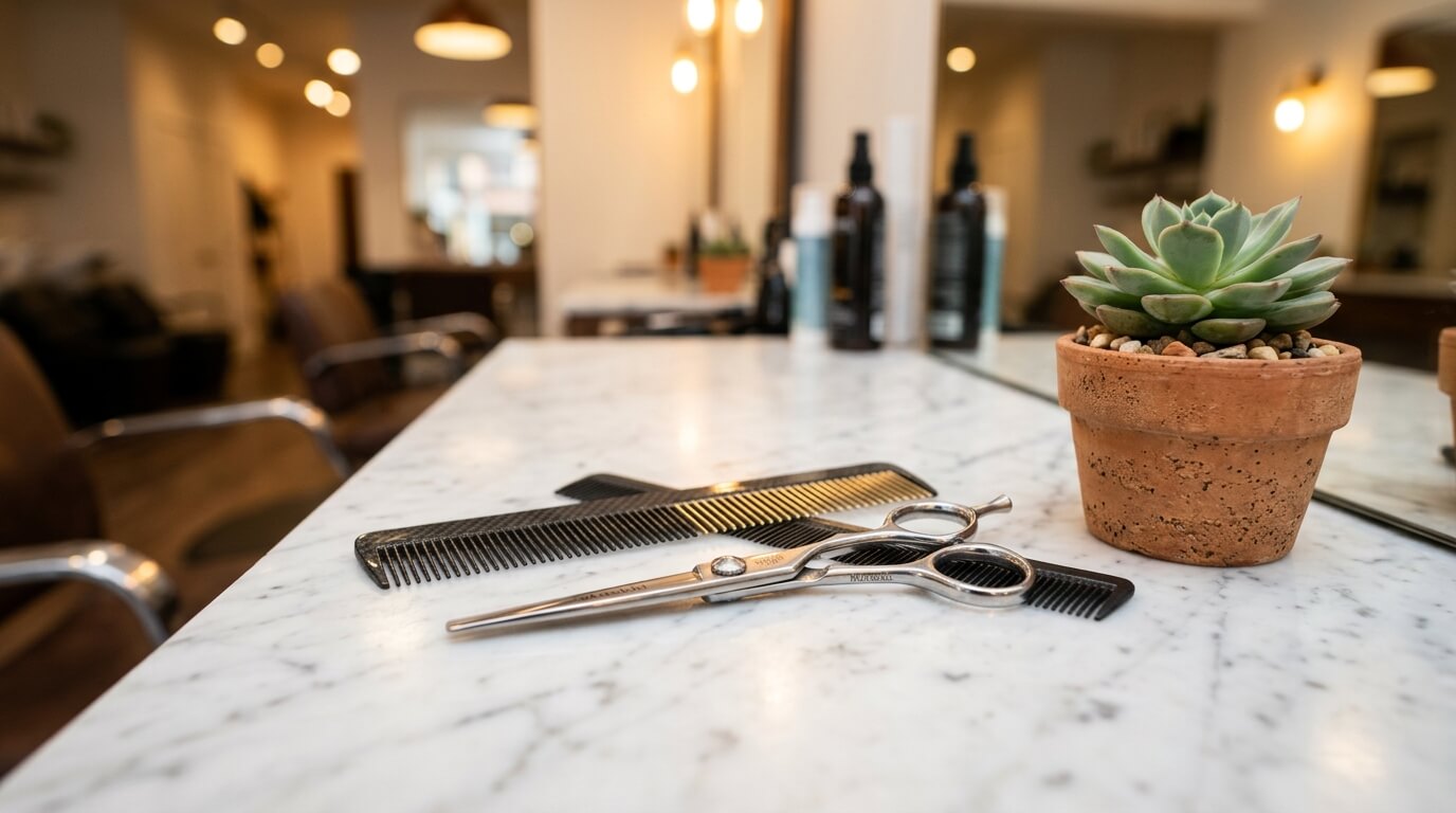 Professionele kappersschaar en stylingtools op een marmeren werkblad