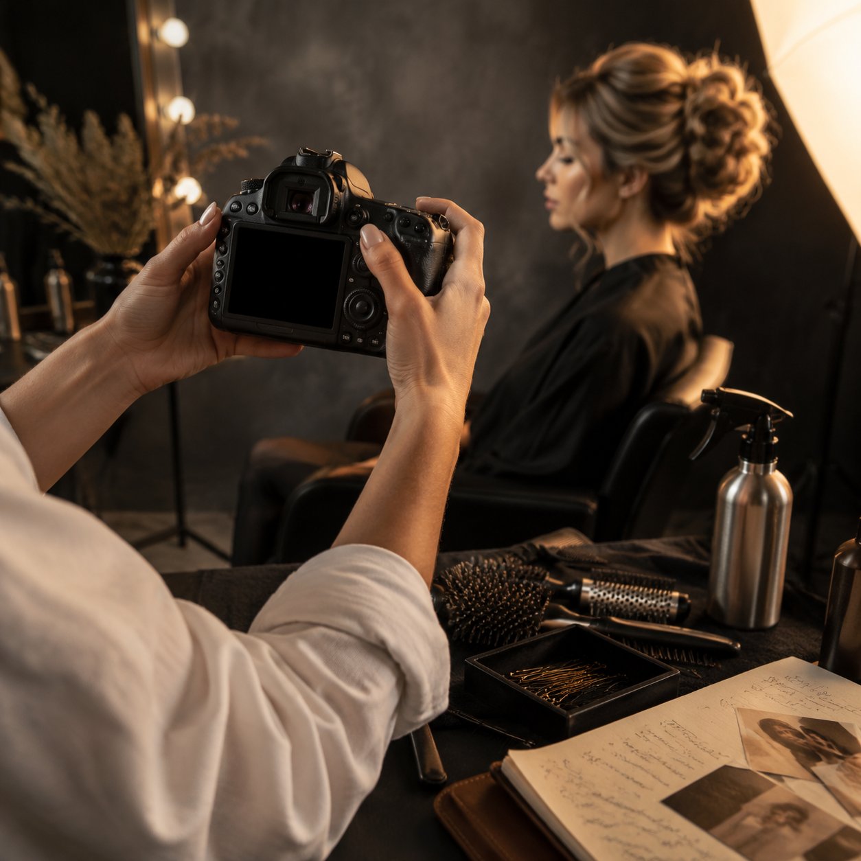 Kapsalon-team in studio met model in styling-stoel, fotograaf met camera en lichtopstelling