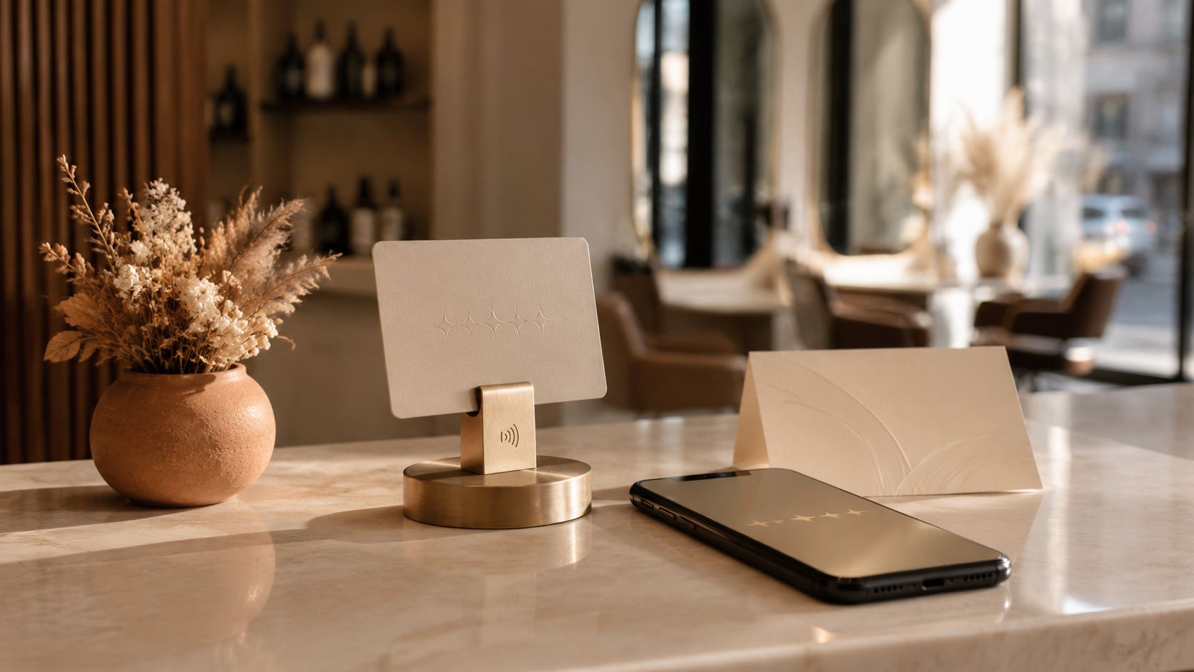 NFC-reviewstandaard en smartphone met sterren-notificatie op de balie van een kapsalon