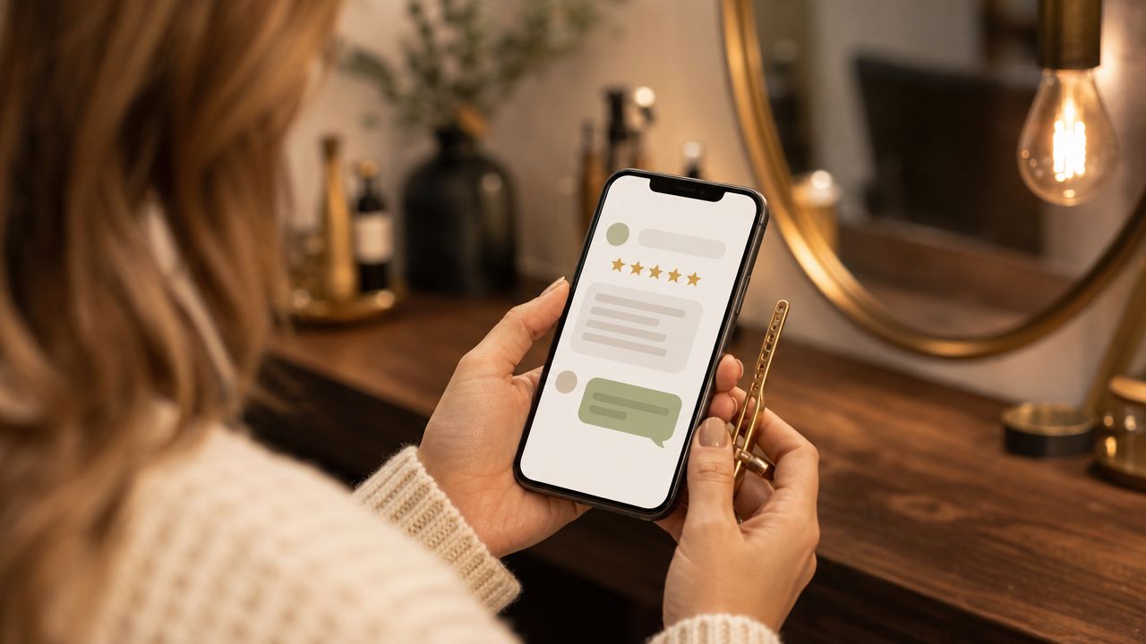 Kapper bekijkt een nieuwe vijfsterren-review op de telefoon in de salon, gouden spiegellijst zacht op de achtergrond