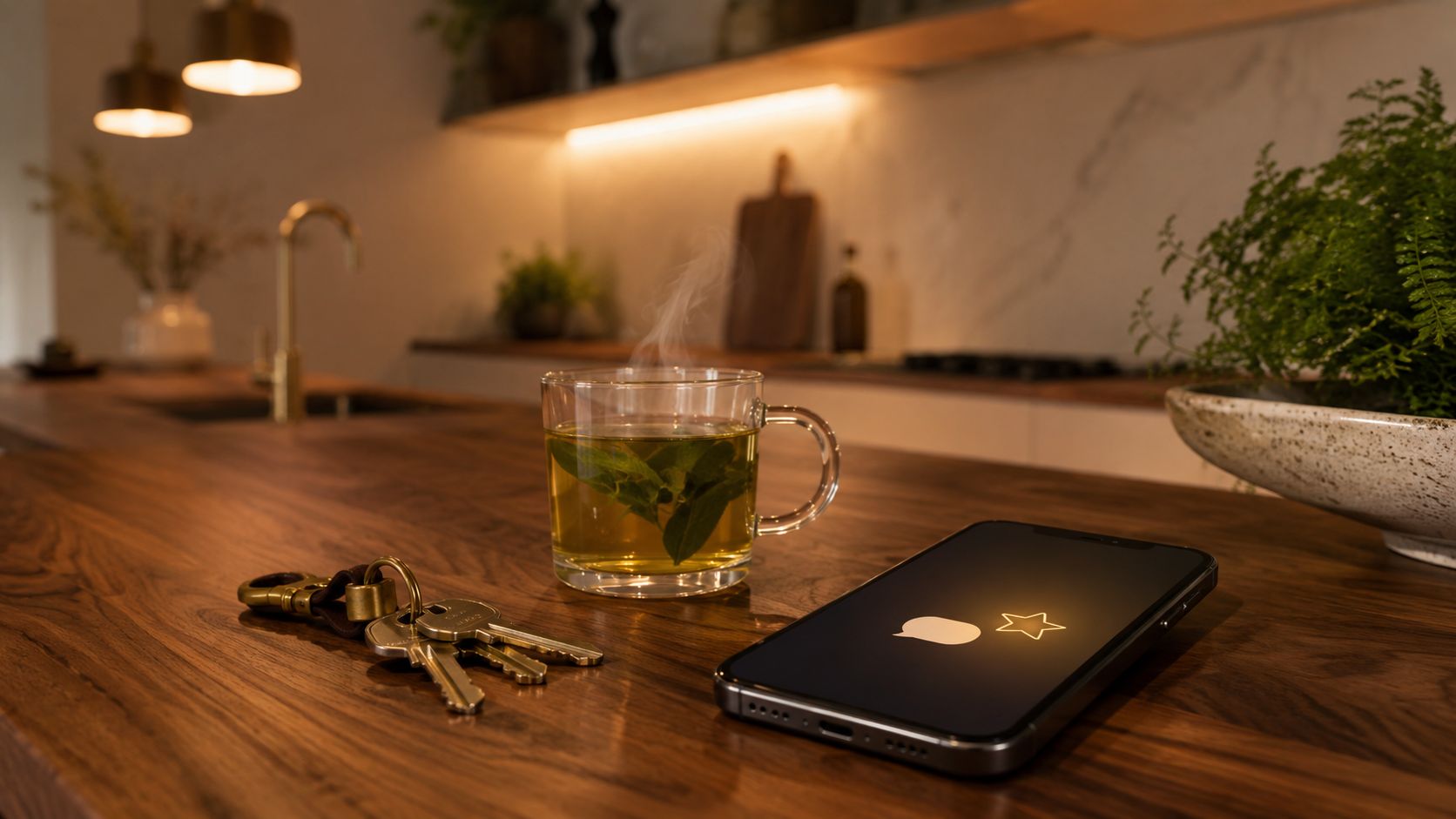 Smartphone met een zachte review-melding op het aanrecht naast huissleutels en een glas thee, warme avondlamp in de keuken