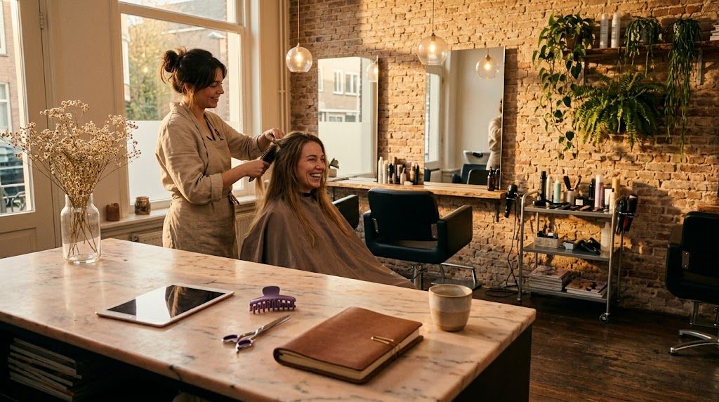 Werkbalie close-up: smartphone face-up met een booking-systeem dashboard (geblurde tekst), een paarse haarklem, een kleine schaar, een notitieboekje met handgeschreven boeking-aantallen en een mok dampende koffie op een marmeren receptie-balie