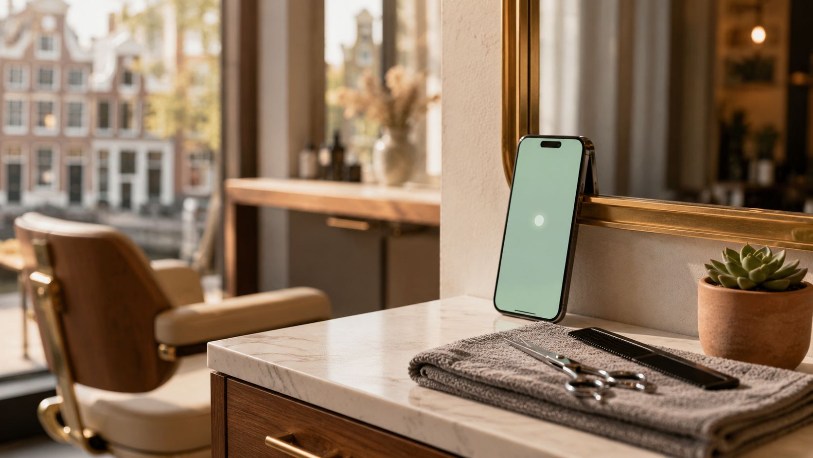 Lege styling-stoel in een kapsalon met een smartphone op de balie die een same-day boeking binnenkrijgt