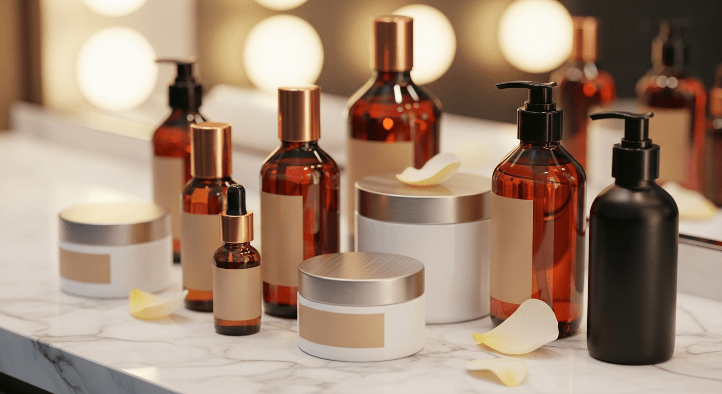 Samenwerkingsproducten van kapper en beautysalon op een stijlvolle toonbank