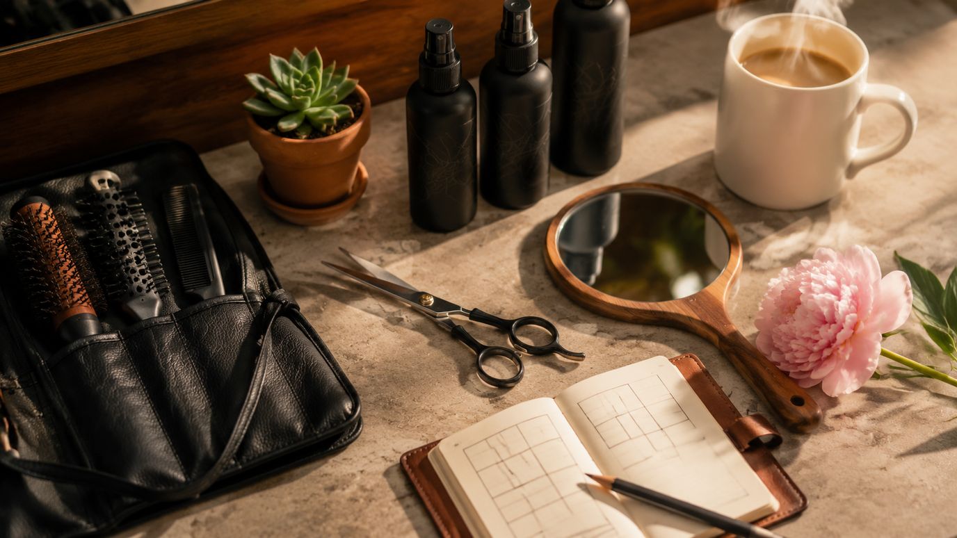 Salonstoel station met persoonlijke producten van freelance stylist, eigen schaar-set en mooi opgemaakte kapsalon-counter