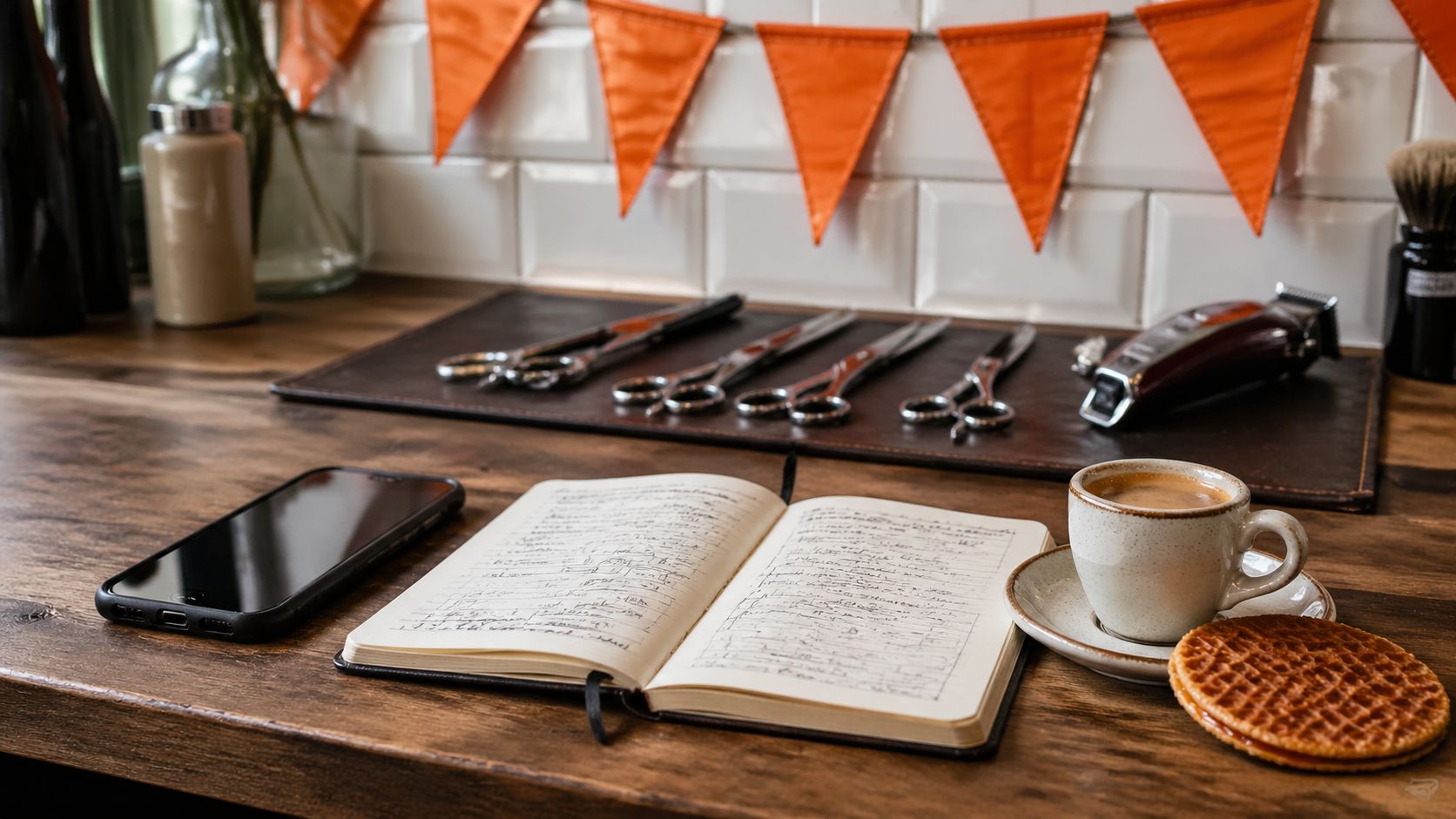 Smartphone op een Nederlandse kapsalon-balie naast een notitieboek met handgeschreven planning, oranje Koningsdag-decoratie en een stroopwafel