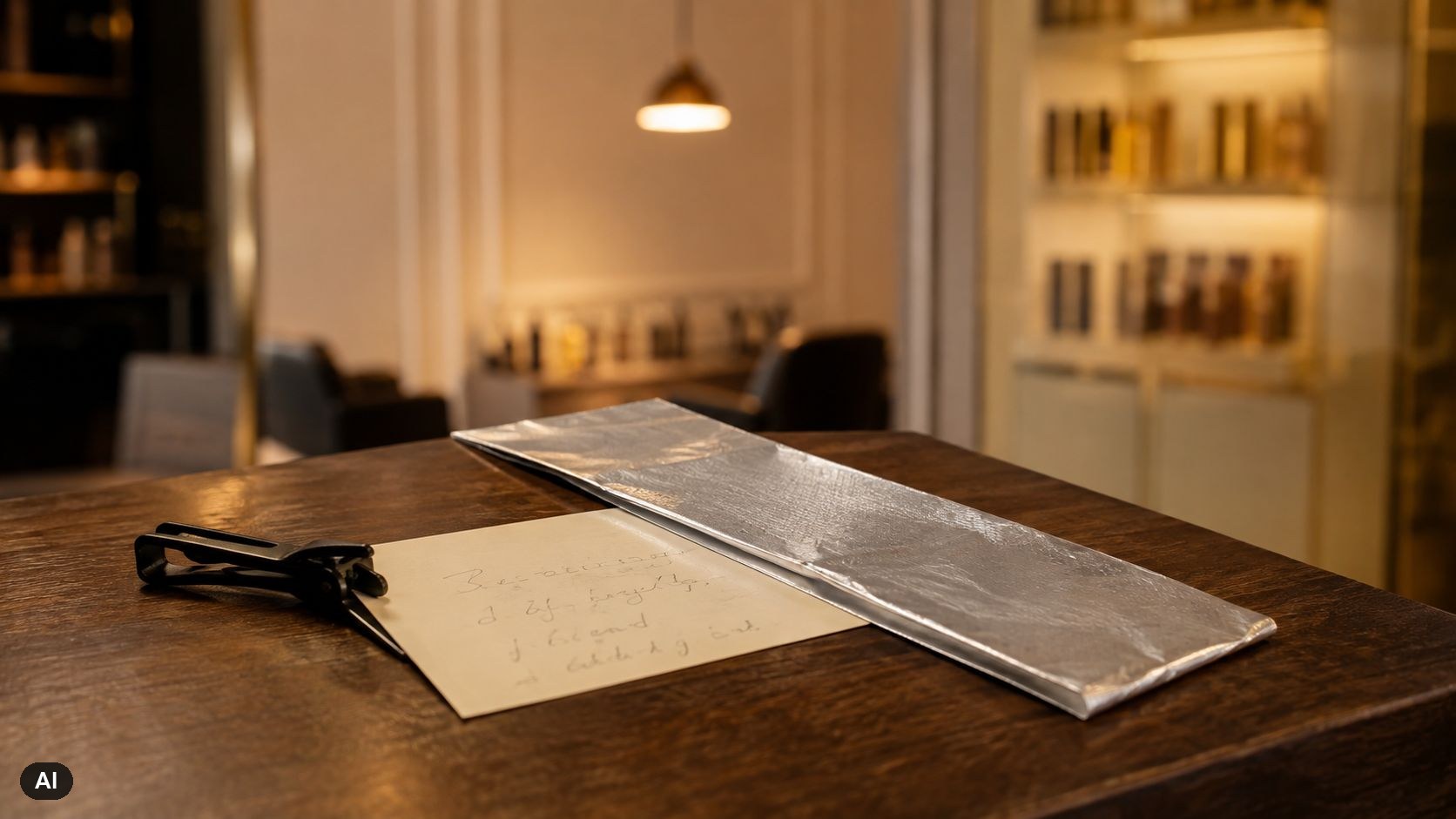 Kapsalon-afsprakenkaartje met een handgeschreven prijsindicatie op een donkere balie, met een strook kleurfolie en een zwarte haarclip erover