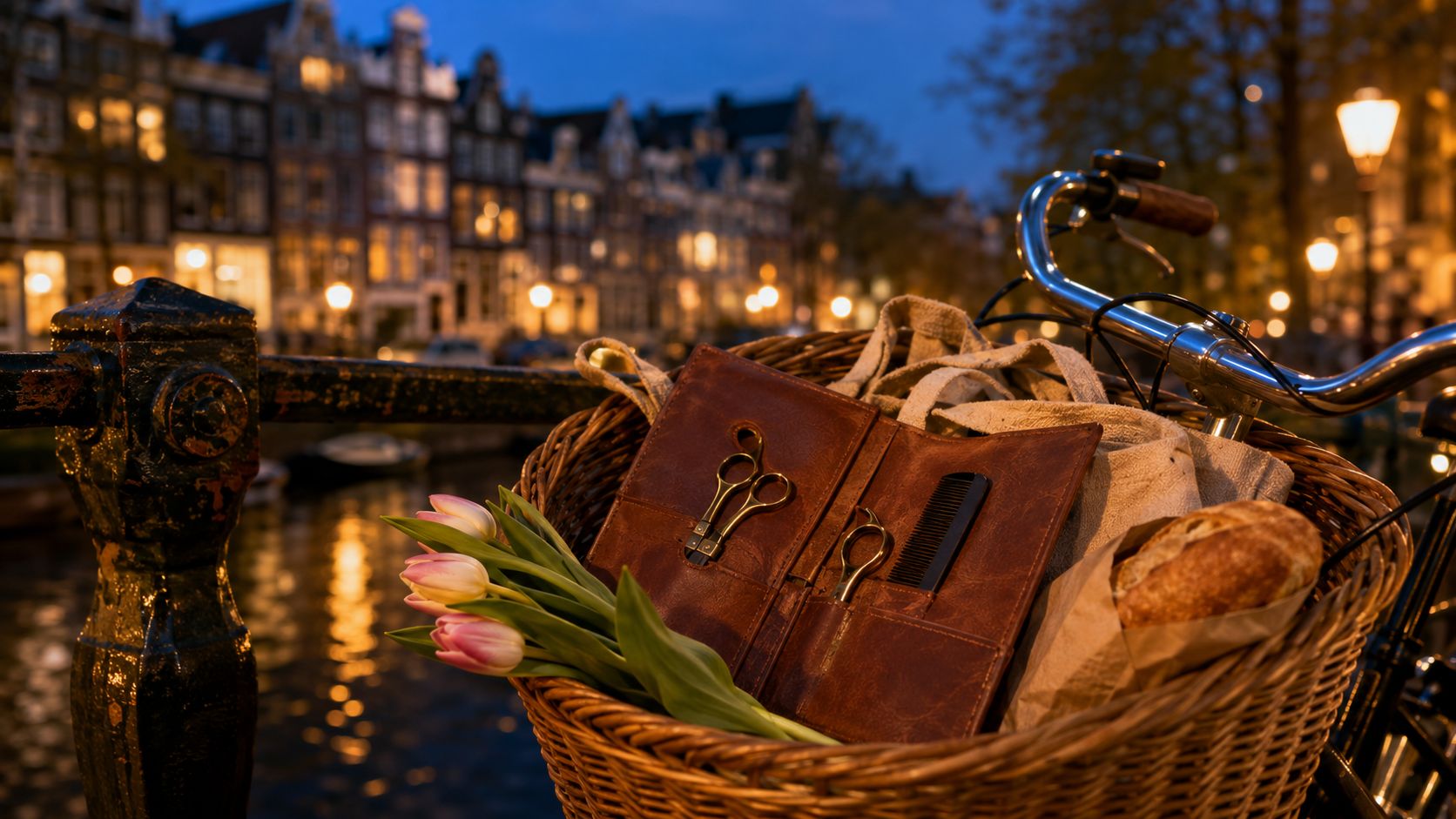 Fietsmand met leren scharen-etui en tulpen aan een Amsterdamse gracht in avondlicht