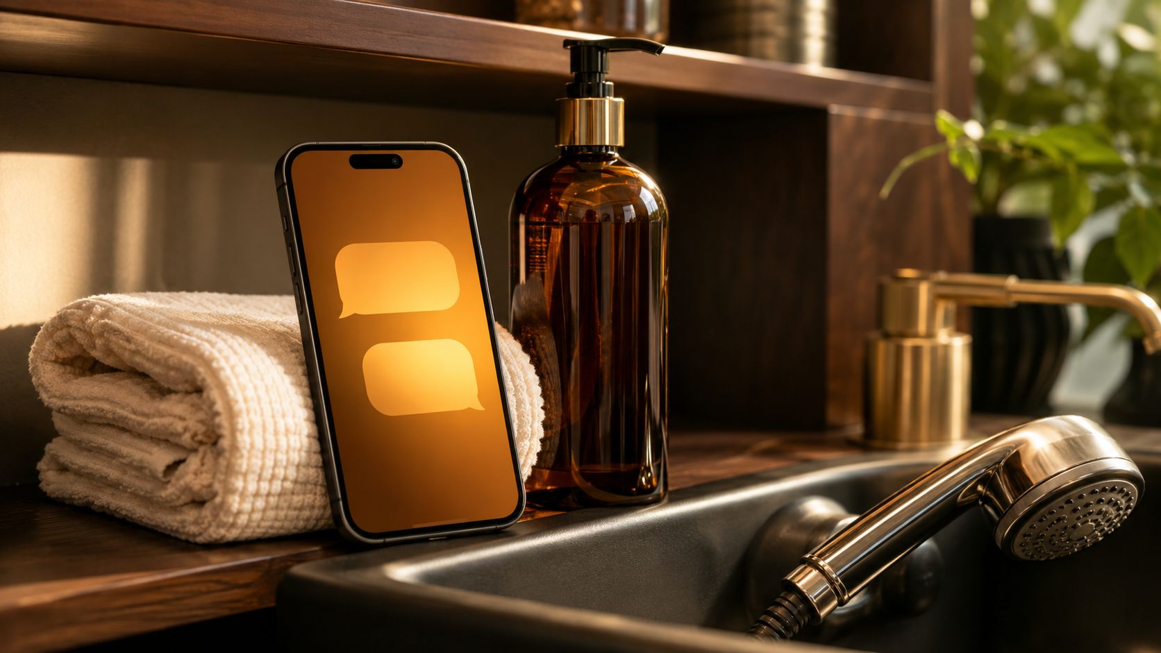 Smartphone op een kapsalon-wasunit met een WhatsApp-gesprek, schaar en opgerolde handdoek ernaast in warm ochtendlicht