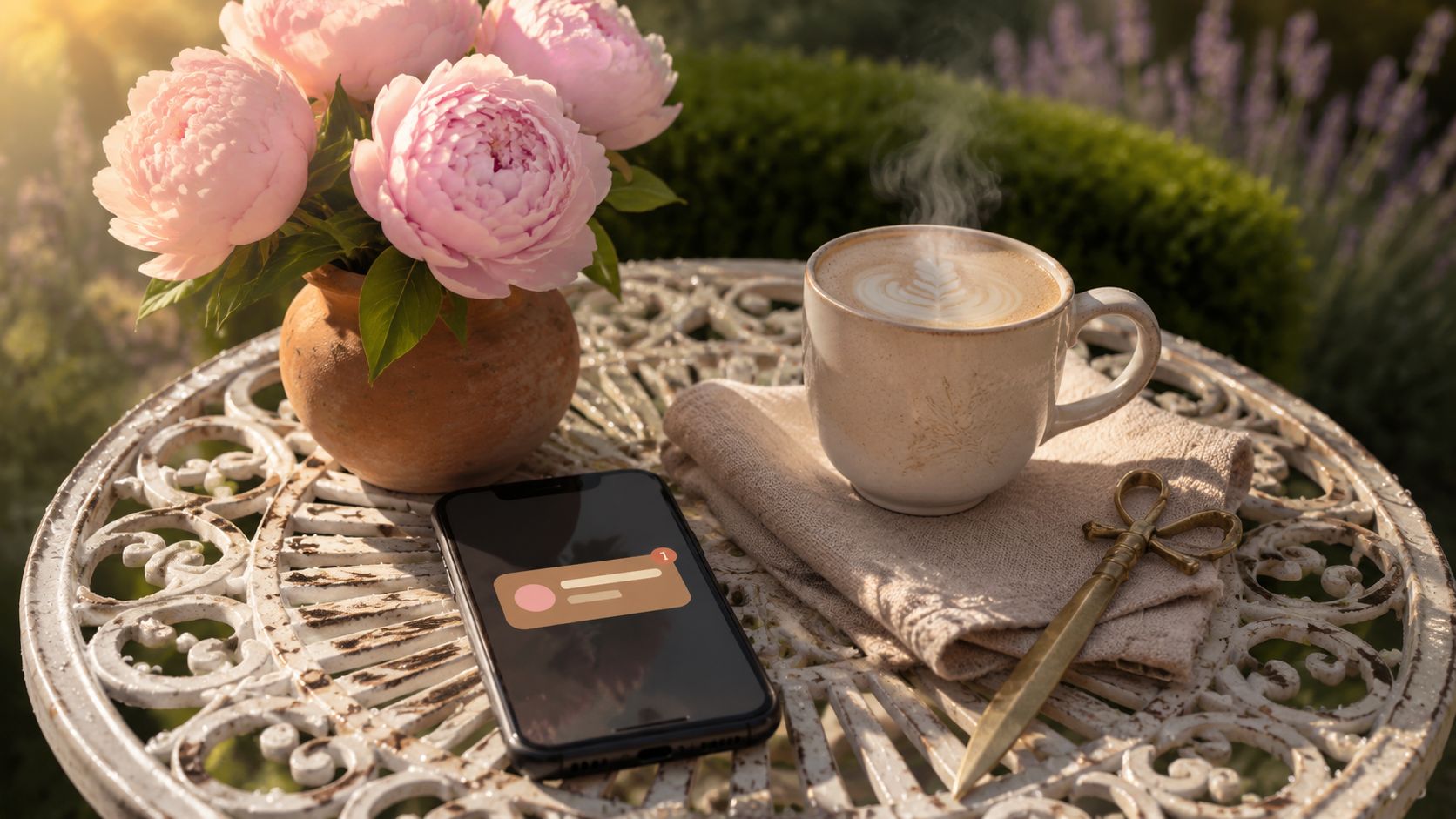 Smartphone op een tuintafel met WhatsApp-nazorg notificatie naast een kop koffie en een vaasje pioenen
