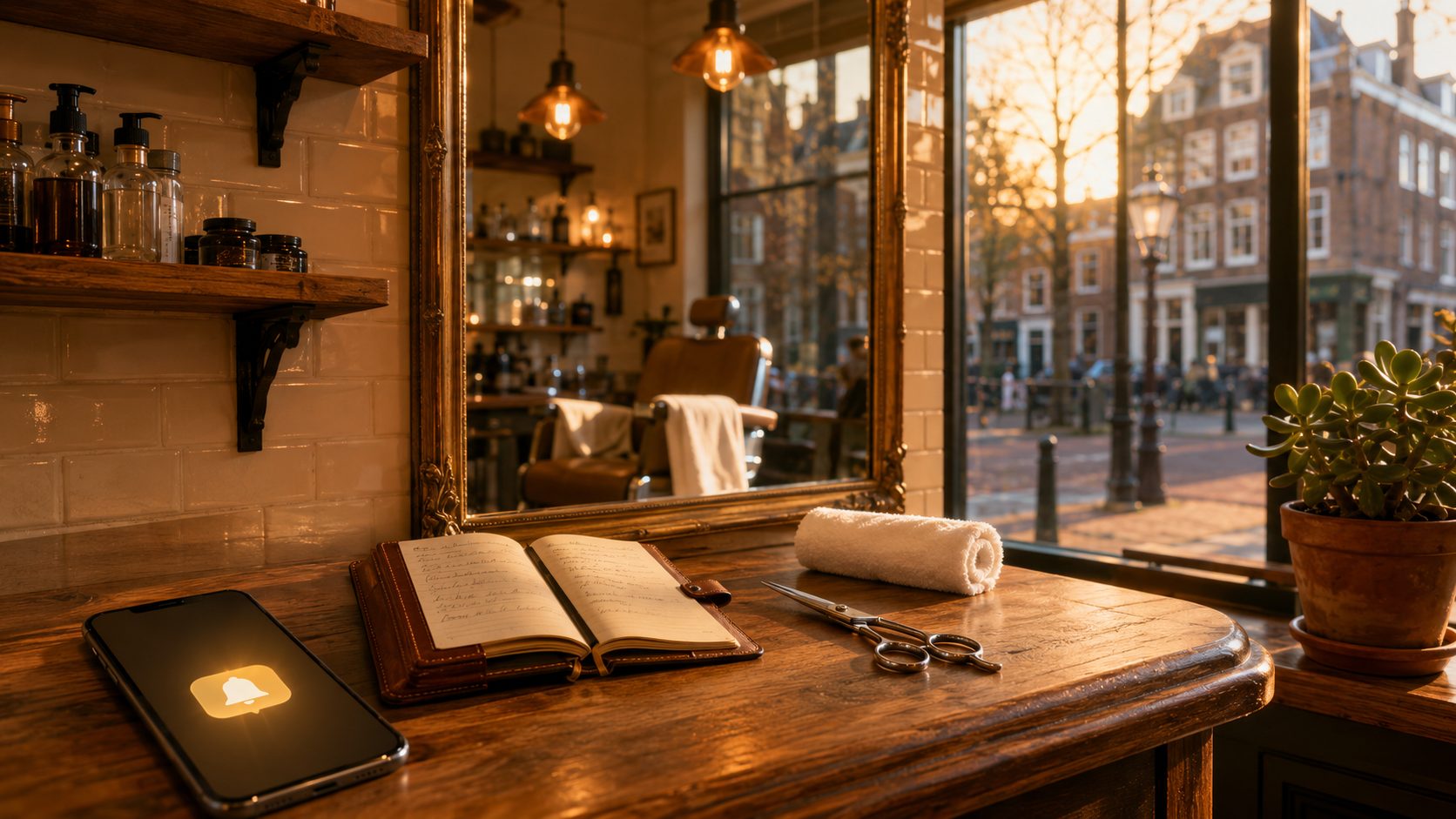 Smartphone op kapsalon counter toont automatische herinnering — klant gaat de afspraak van morgen bevestigen