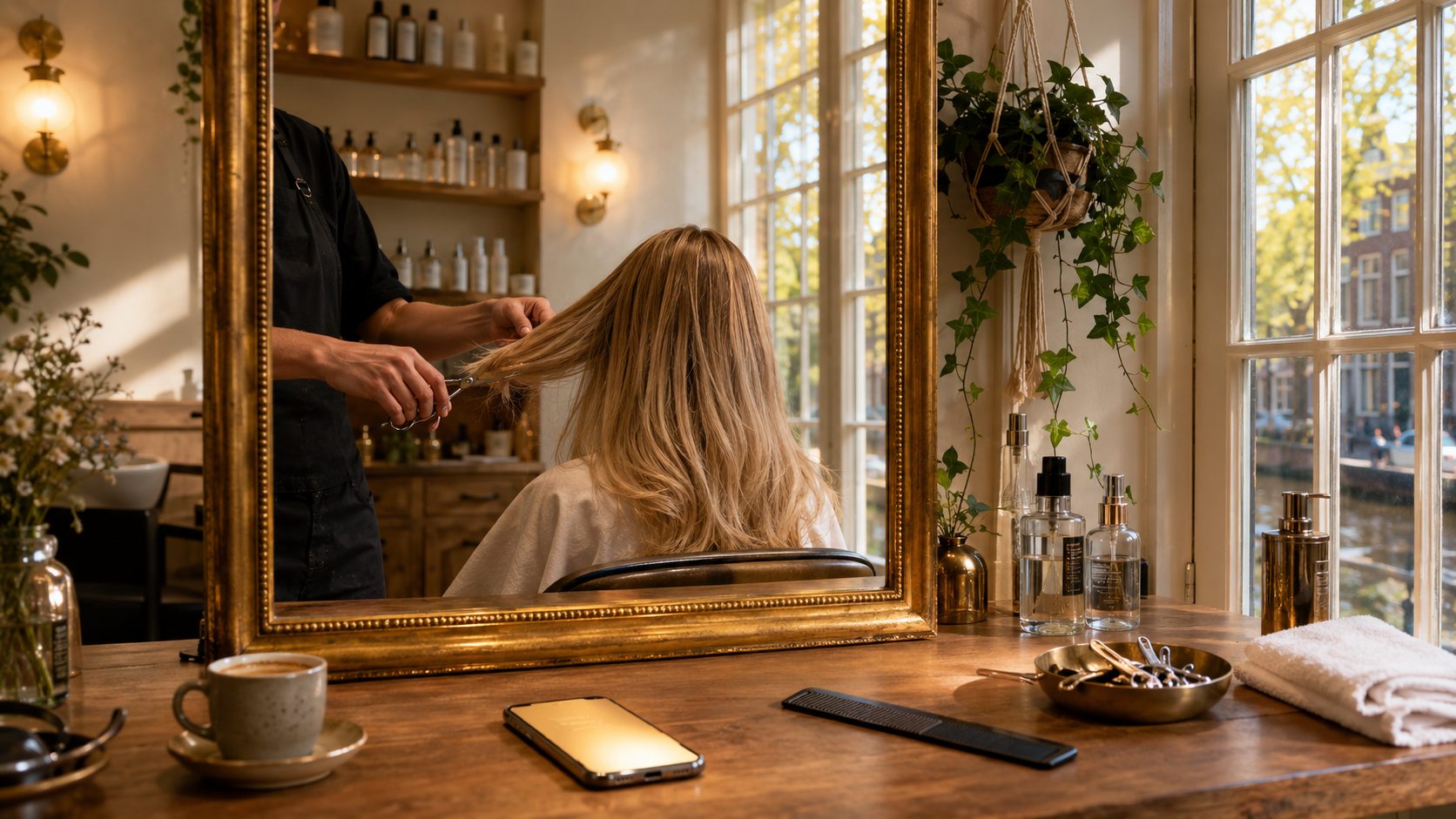 Kapsalon in volle gang — kapper knipt klant terwijl het workflow-automatisering systeem op de achtergrond alle communicatie afhandelt