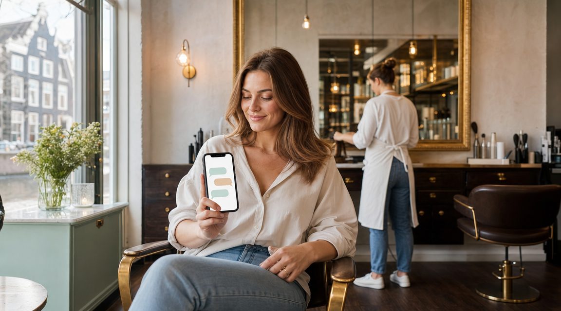 AI chatbot in een moderne kapsalon — klant krijgt direct antwoord via chat