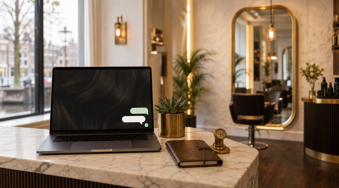 Laptop met website chatbot widget op de receptiebalie van een kapper