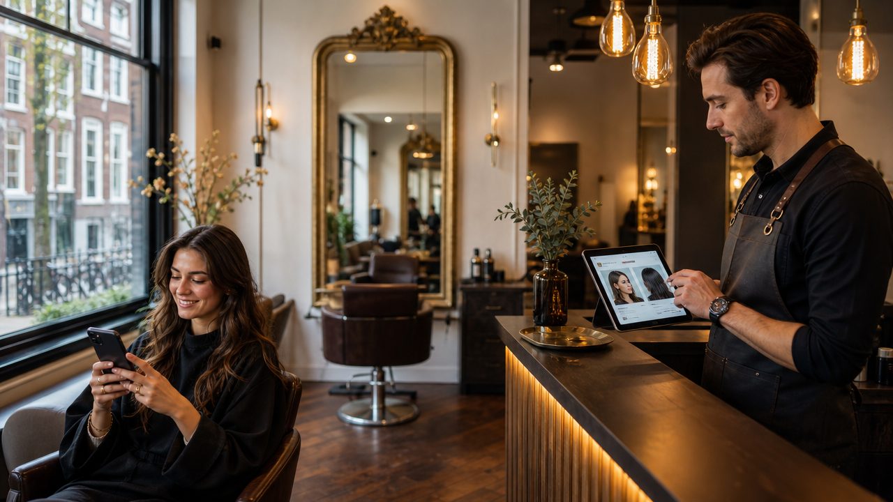 Klant en kapper verbonden via CRM — klantprofiel op tablet