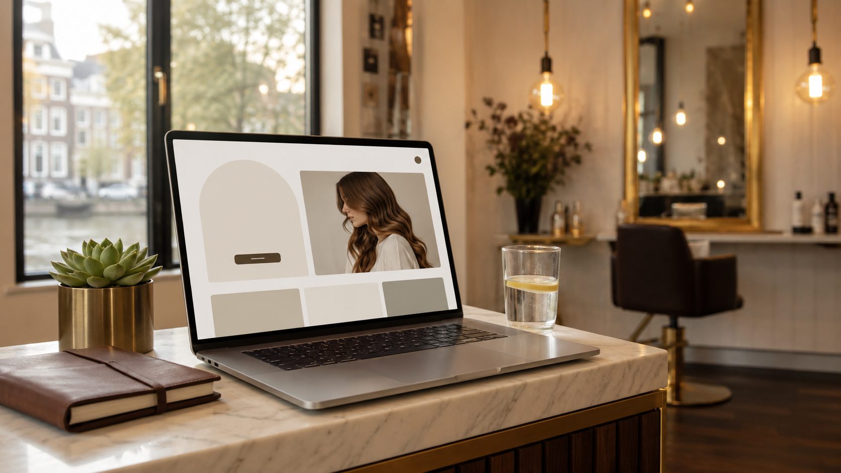 Website laten maken voor kappers — premium laptop met website design op kapsalon receptiebalie