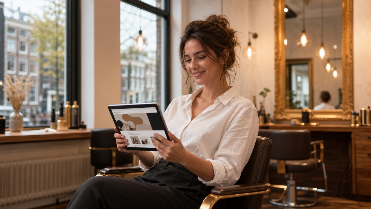 Kapsalon eigenaar bekijkt nieuwe website op tablet