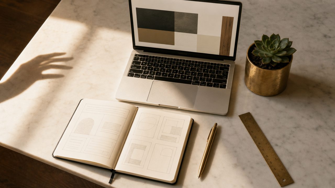Ontwerpproces voor een website voor kappers — laptop met design en wireframe schetsen