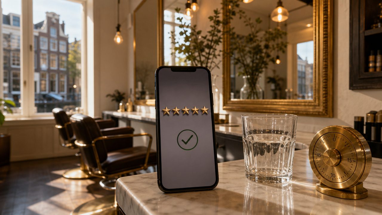 5-sterren review op smartphone in een kapsalon