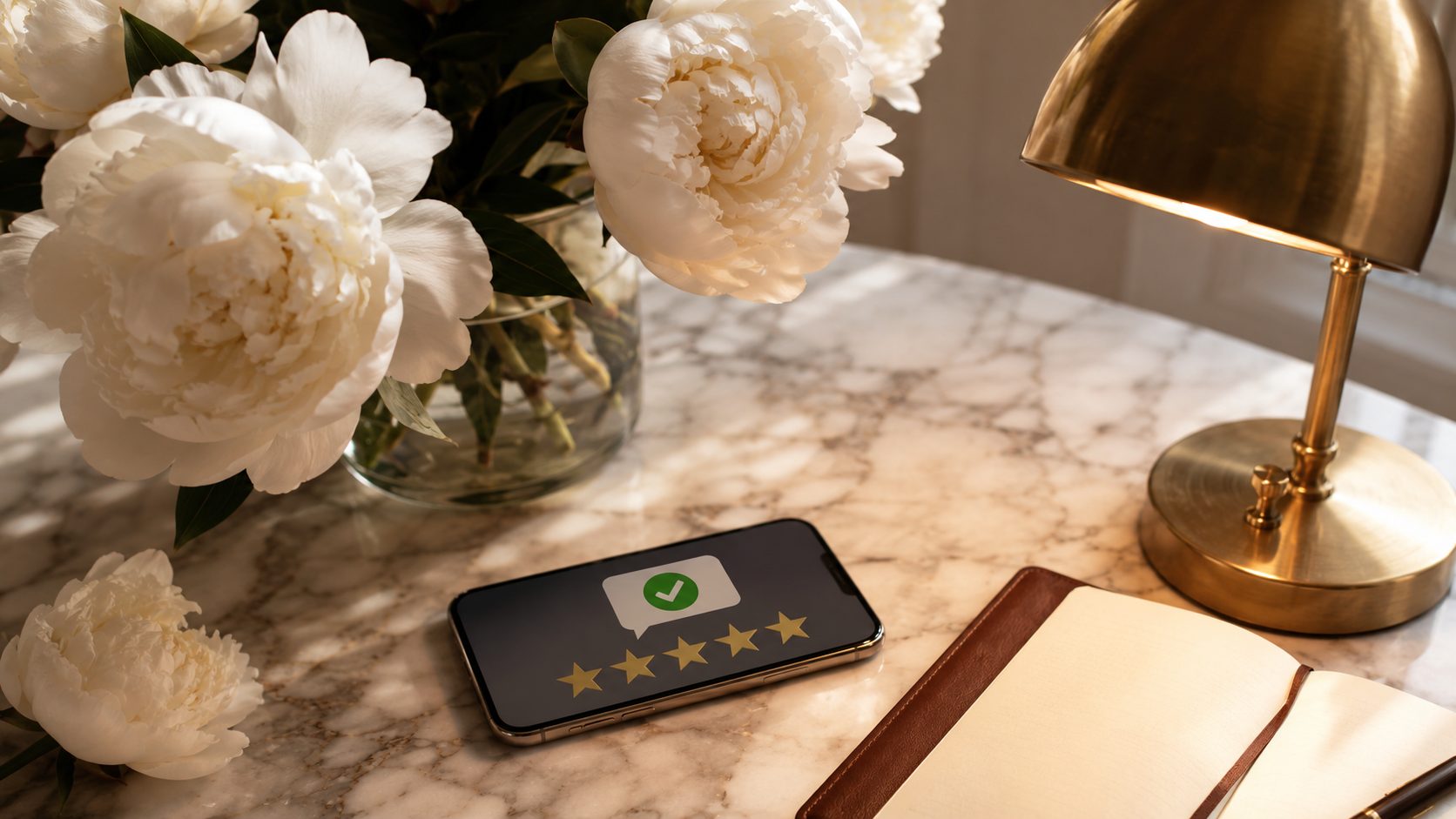 5-sterren reviews op smartphone scherm met productlay-out