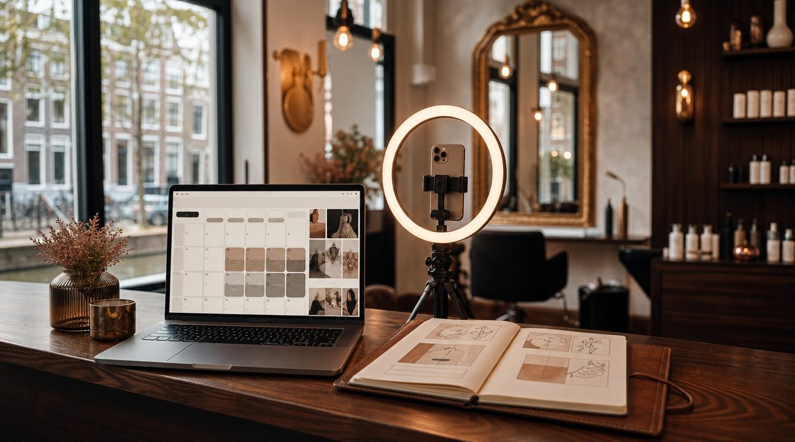 Content planner op laptop met ring-light setup