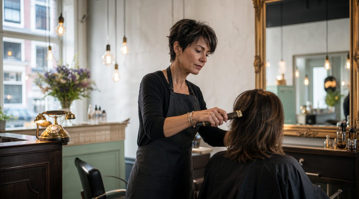 Kapsalon eigenaar focust op de klant terwijl de Voice AI telefonist een binnenkomend gesprek opneemt